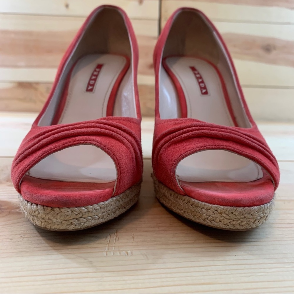 Prada Suede Open Toe Cork Wedge Pumps shoes 38 - Picture 8 of 16